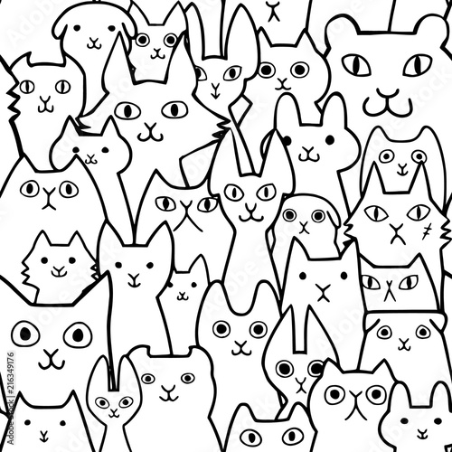 seamless doodle cats faces line art background
