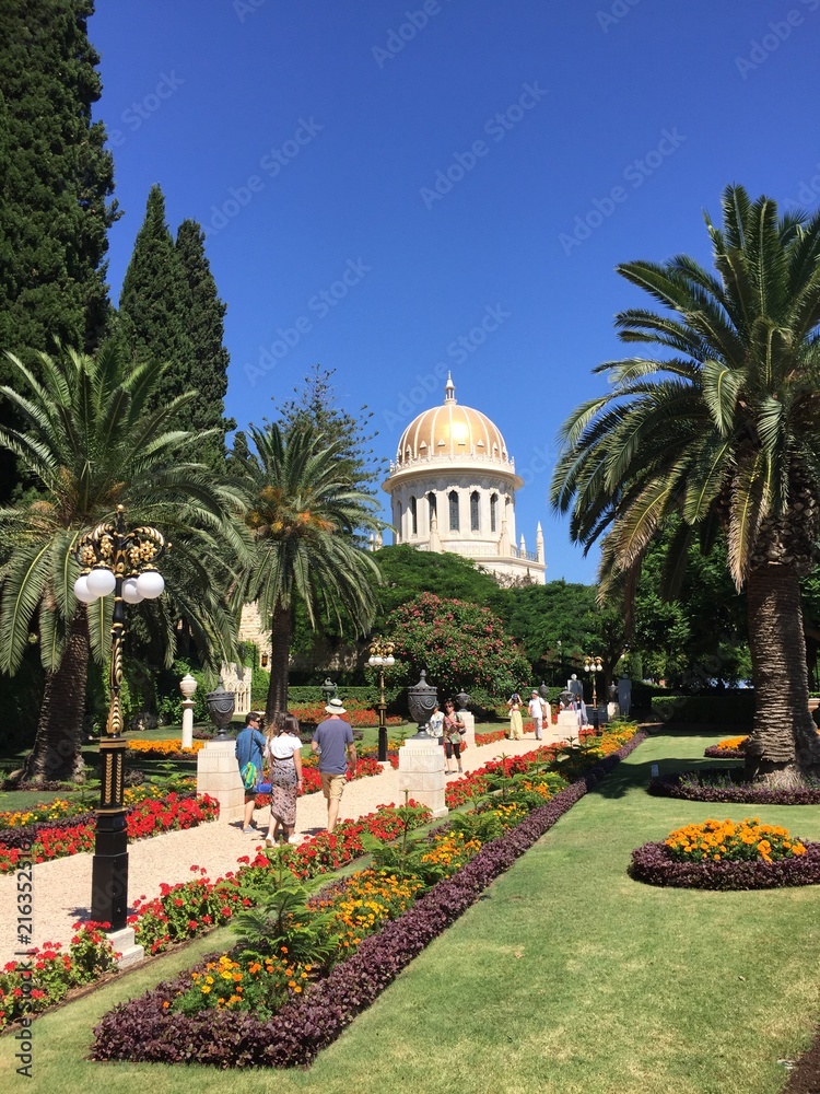 Beautiful view of Bahai gardens and the shrine of the Bab on mount Carmel in Haifa, Israel.
