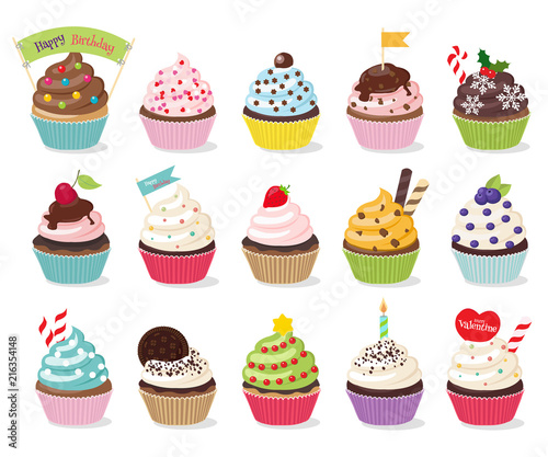   Three rows of five cupcakes that look appetizing. Colorful cupcakes isolated in white