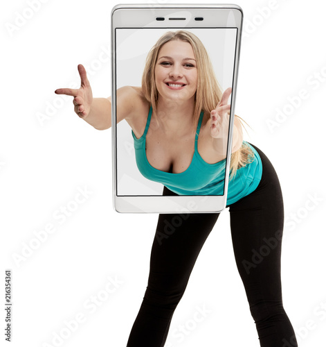 Cheerfully smiling woman doing exercise , isolated on white background. conceptual collage with device