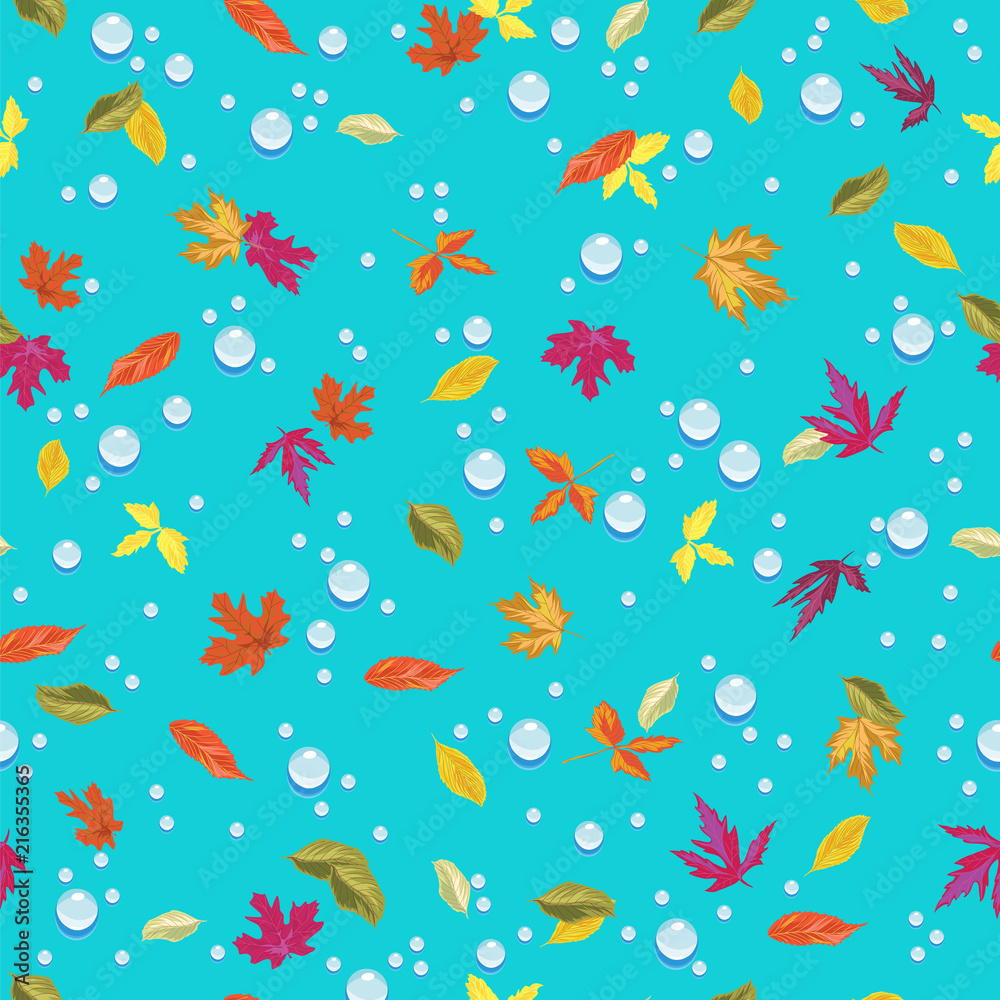 seamless background with autumn leaves and water drops