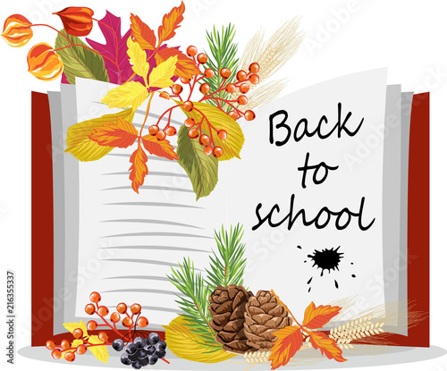 illustration back to school. book with autumn leaves