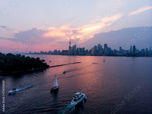 Aerial of Toronto Skyline during Sunset from Waterfront