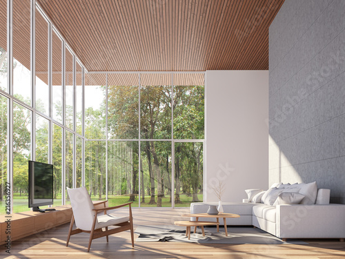 Fototapeta Naklejka Na Ścianę i Meble -  Tropical house living room 3d render.The Rooms have wooden floors and ceiling,concrete tile wall.furnished with white fabric furniture.There are large window. Overlooks to garden view.