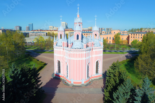 Chesme Church close-up on a sunny May day (aerial photography). Saint-Petersburg, Russia photo