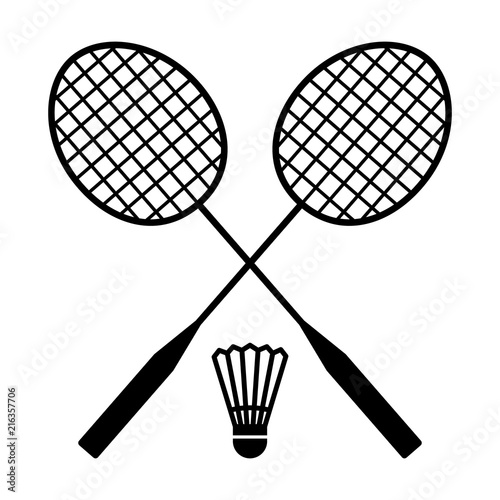 Two badminton racquets or rackets with shuttlecock / birdie line art vector icon for sports apps and websites