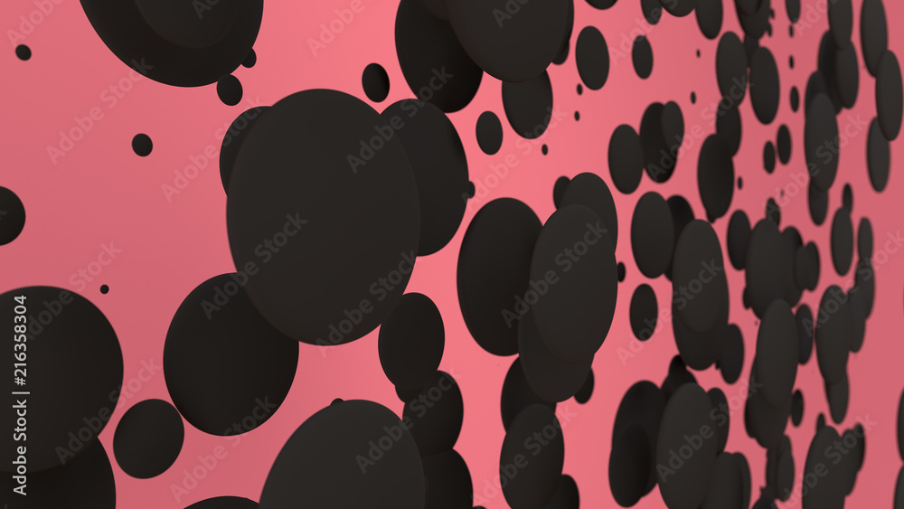 Black discs of random size on red background Black discs of random size on red background