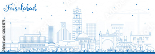 Outline Faisalabad Pakistan City Skyline with Blue Buildings.