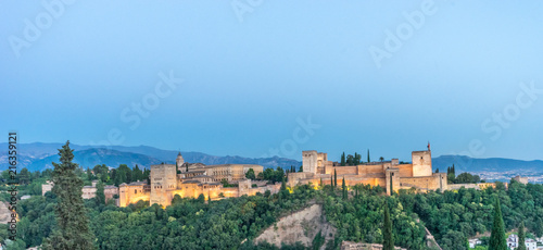 The magnificient Alhambra of Granada, Spain. Alhambra fortress at sunset viewed from Mirador de San Nicolas.