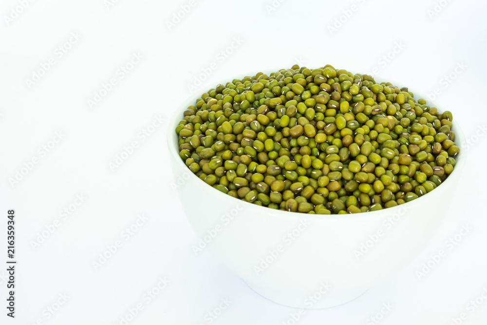 mung bean green in bowl red on white background mung bean green in bowl red on white background