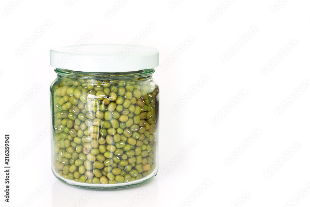 mung bean green in bottle glass on white background mung bean green in bottle glass on white background