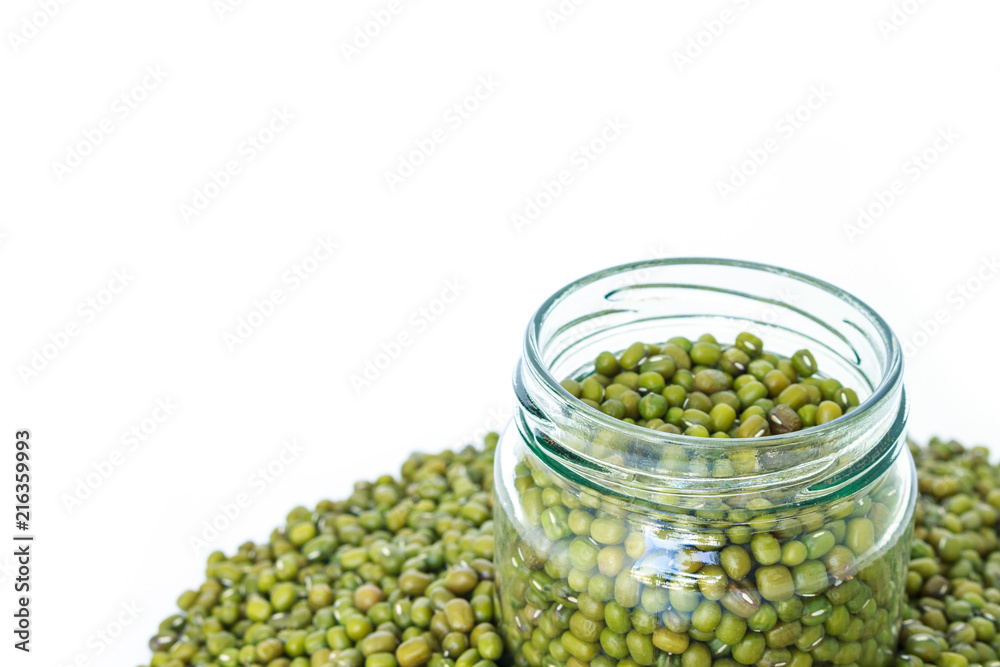 mung bean green in bottle glass on white background mung bean green in bottle glass on white background