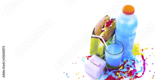 Surrealism banner Festive composition drinks snacks holiday hamburger cookie tinsel confetti gift box cocktail saturated colors.