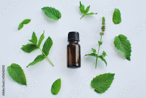Essential oil of peppermint in small brown bottle and fresh peppermint leaves on white background, flat lay.