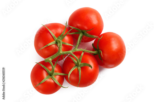Branch of five fresh red tomatoes, isolated on white background, view from above