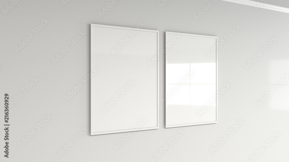 Blank white poster in white frame on the wall Blank white poster in white frame on the wall