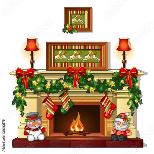 Christmas sketch with the fireplace with Christmas decorations. Sample of the poster, invitation and other cards. Vector illustration.