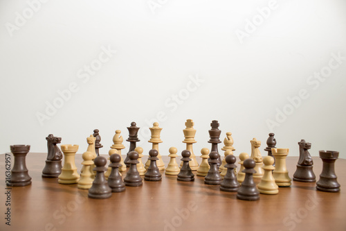Complete and detailed set of chess on a wood table