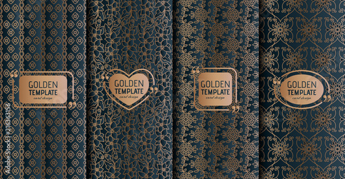 Set of golden luxury templates. Abstract geometric background with flowers. Vector illustration.