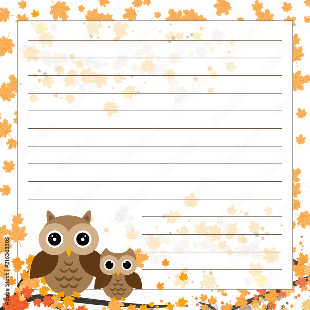 Page for notebook, diary or planners. Page with falling leaves and cute owl on the branch. Page for notebook, diary or planners. Page with falling leaves and cute owl on the branch.