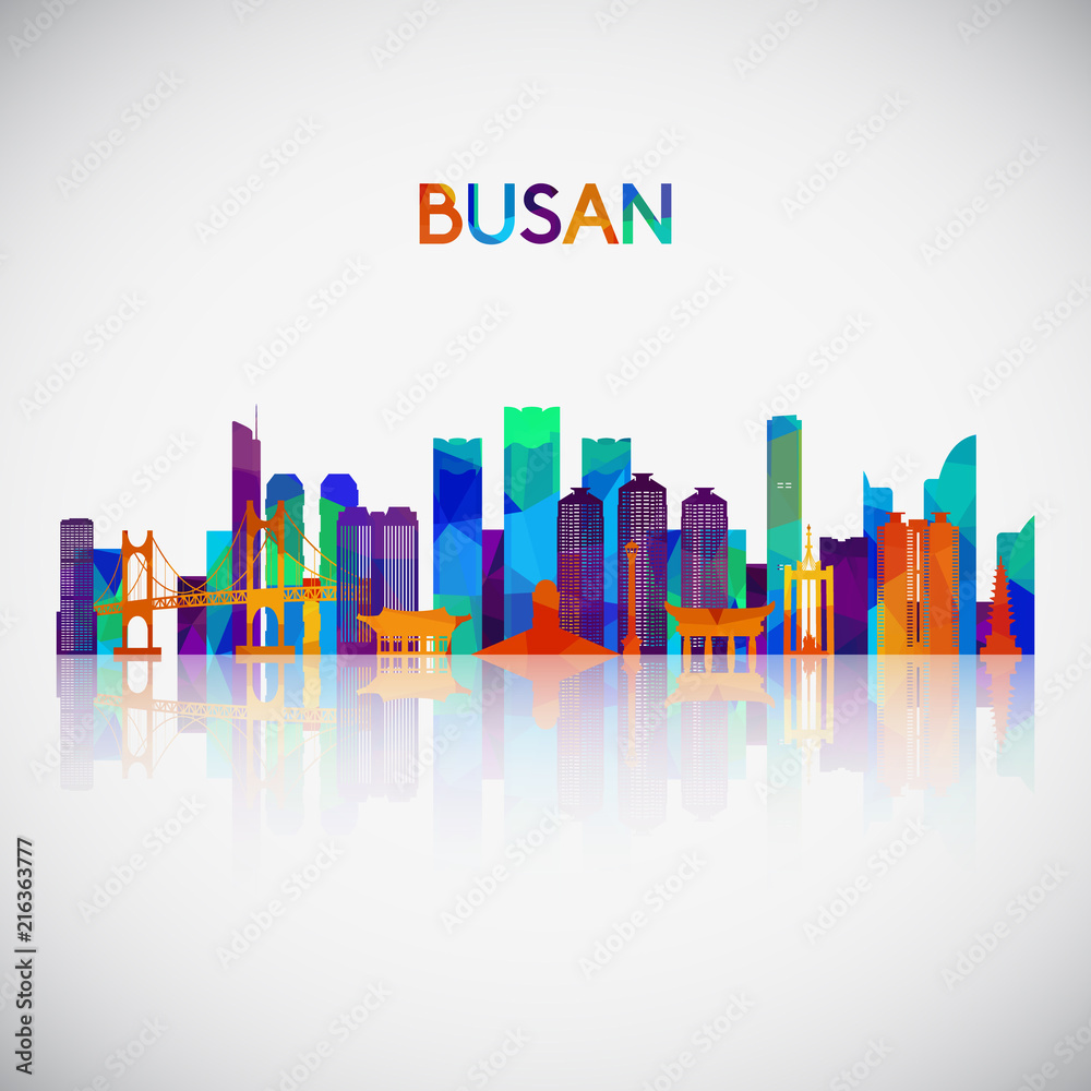 Busan skyline silhouette in colorful geometric style. Symbol for your design. Vector illustration.