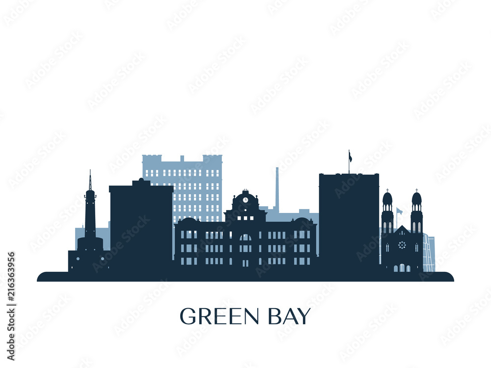 Green Bay skyline, monochrome silhouette. Vector illustration.
