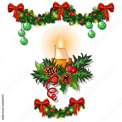 Christmas sketch with decorations of twigs of spruce, Holly leaves, candles and garlands. Sample of the poster, invitation and other cards. Vector illustration.