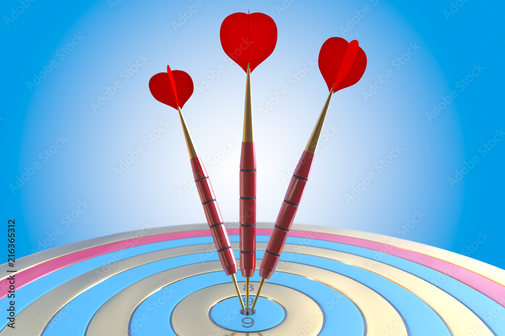 Two three red darts hitting the bullseye aim. concept of success 3d illustration Two three red darts hitting the bullseye aim. concept of success 3d illustration
