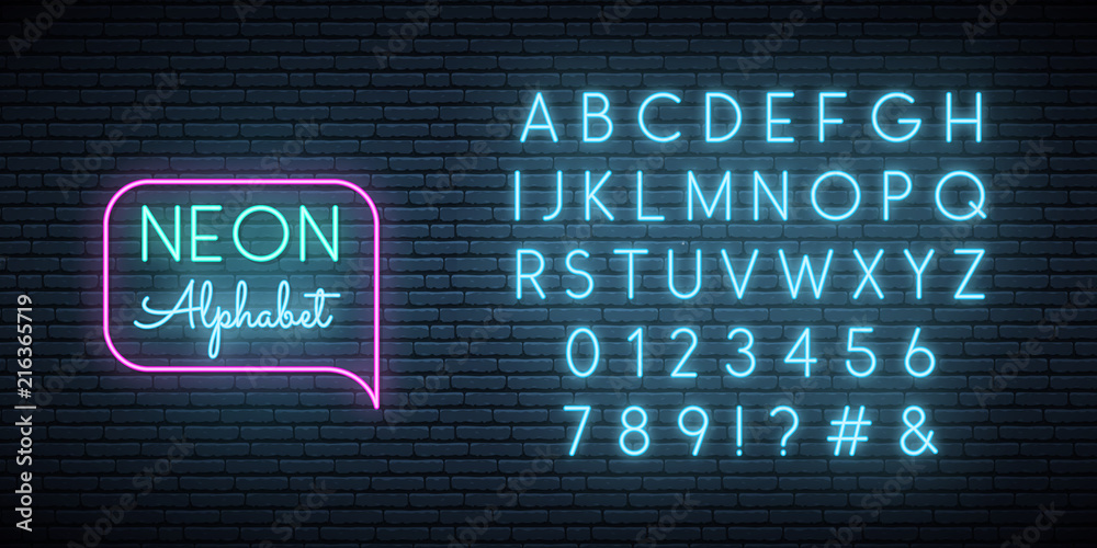 Neon blue font. English alphabet and numbers sign. Bright letters on dark wall. Vector template. - obrazy, fototapety, plakaty 