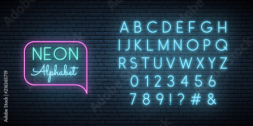 Neon blue font. English alphabet and numbers sign. Bright letters on dark wall. Vector template.