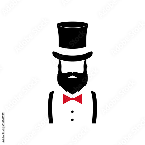 Minimalist portrait of Man with beard, wearing old-style hat and bow tie. Gentleman. Vector illustration.