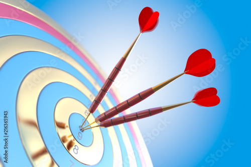 Two three red darts hitting the bullseye aim. concept of success 3d illustration