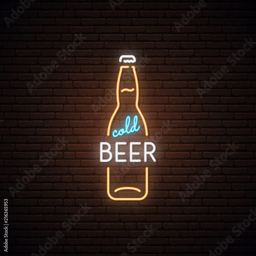 Neon sign of Cold Beer. Neon beer bottles emblem, bright banner. Advertising design. Night light signboard. Vector illustration.
