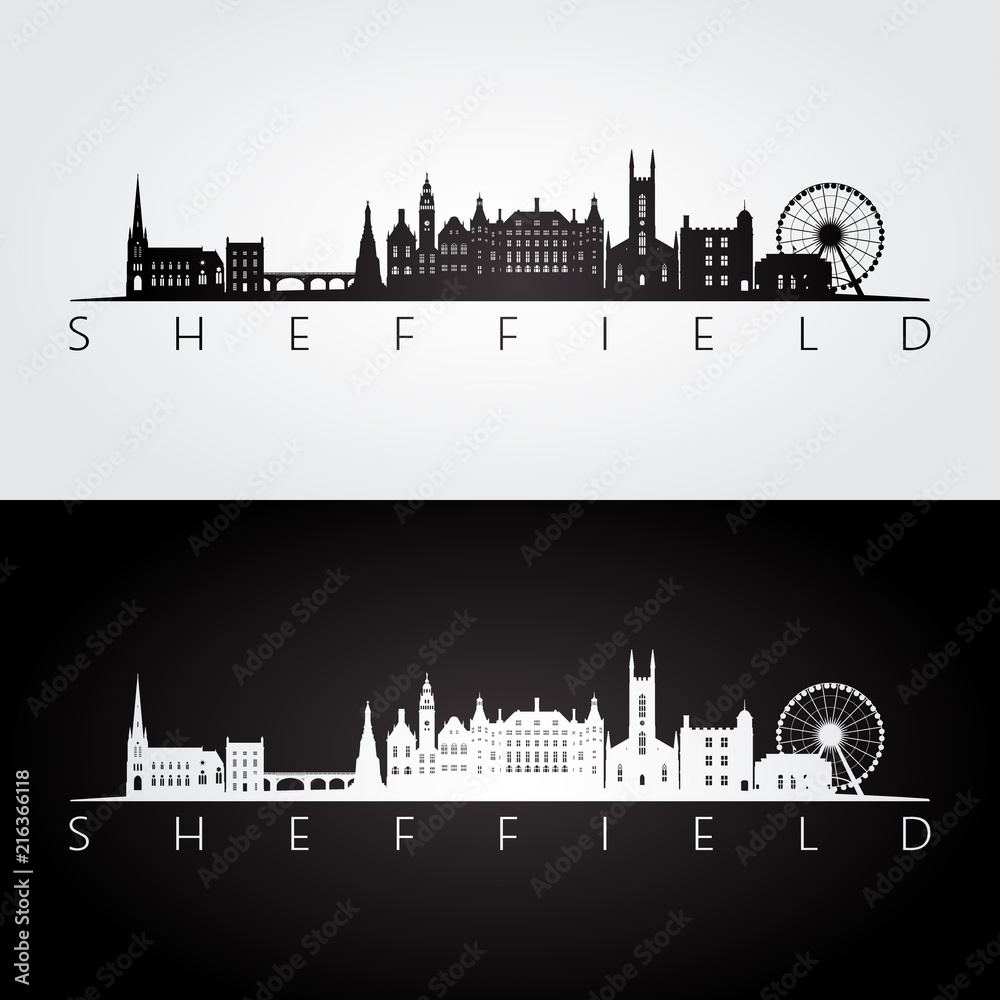 Sheffield skyline and landmarks silhouette, black and white design, vector illustration.