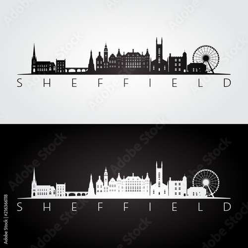 Sheffield skyline and landmarks silhouette, black and white design, vector illustration. photo
