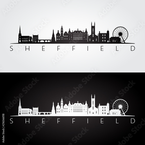 Sheffield skyline and landmarks silhouette, black and white design, vector illustration.