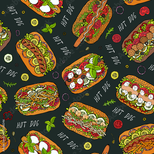 Black Board. Hot Dog and Lettering Seamless Endless Pattern. Many. Restaurant or Cafe Menu Background. Street Fast Food Collection. Realistic Hand Drawn High Quality Vector Illustration. Doodle Style.