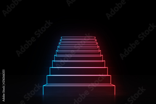 Fototapeta Neonowy czerwony niebieski schody idąc w górę świecące na czarno