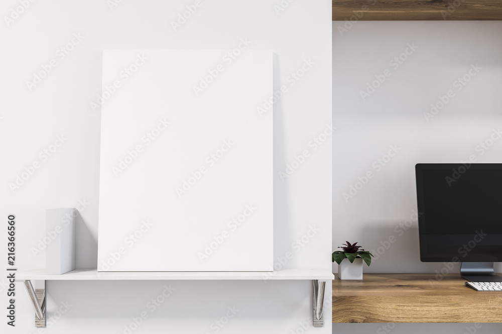 Vertical mock up banner in home office, computer Vertical mock up banner in home office, computer