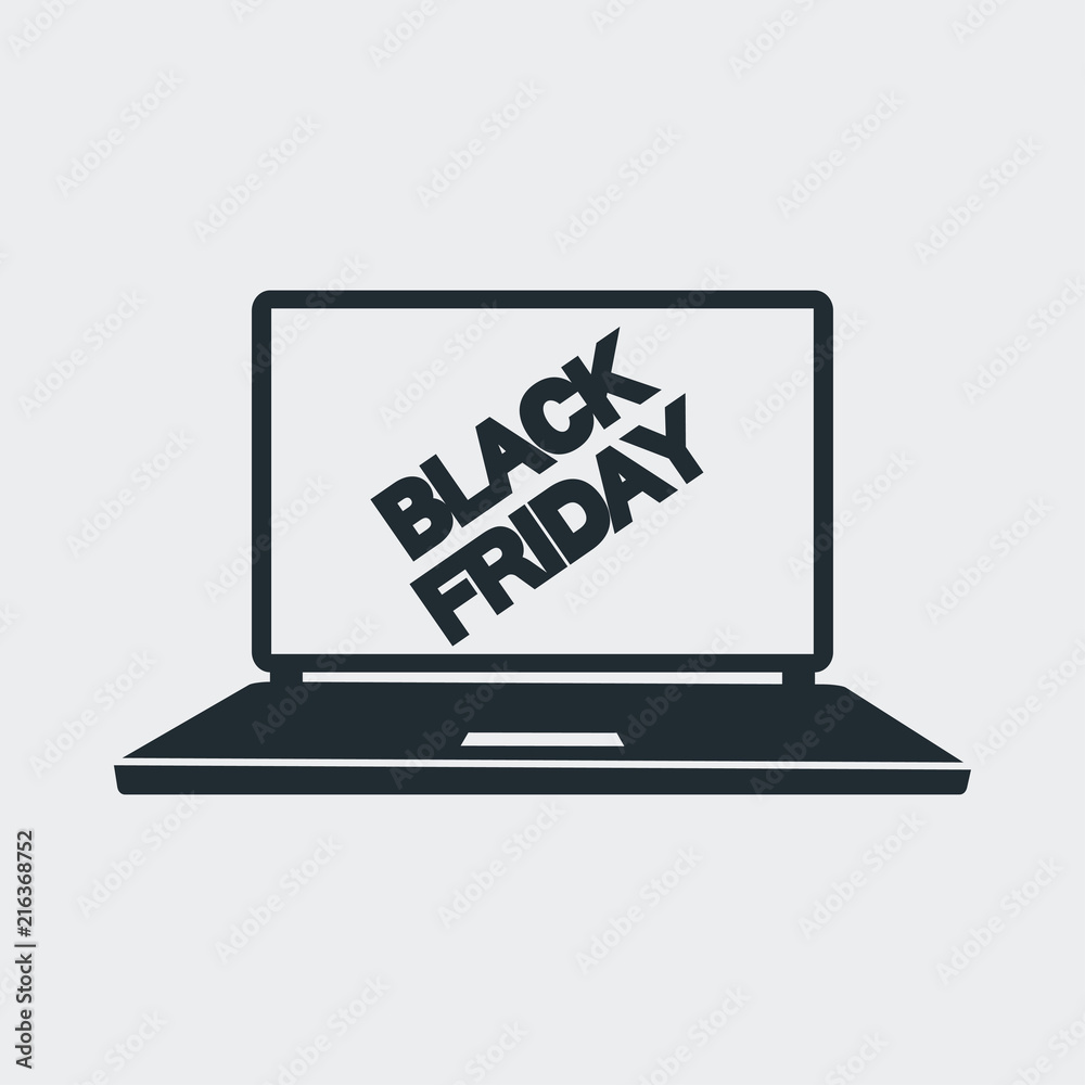 Icono plano BLACK FRIDAY ladeado en ordenador en fondo gris Icono plano BLACK FRIDAY ladeado en ordenador en fondo gris