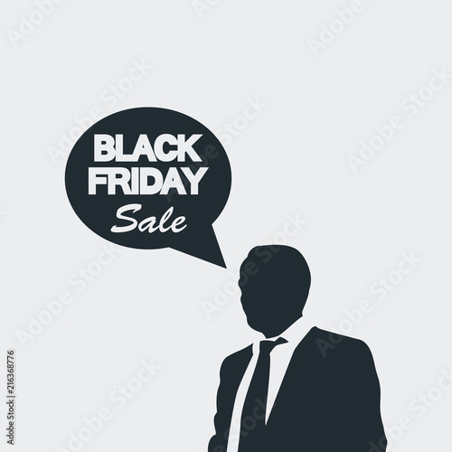 Icono plano BLACK FRIDAY Sale y hombre de negocios en fondo gris