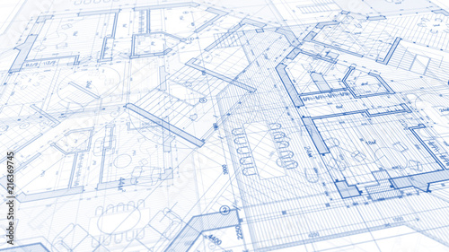 Architecture design: blueprint plan - illustration of a plan modern residential building / technology, industry, business concept illustration: real estate, building, construction, architecture