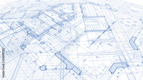 Architecture design: blueprint plan - illustration of a plan modern residential building / technology, industry, business concept illustration: real estate, building, construction, architecture photo