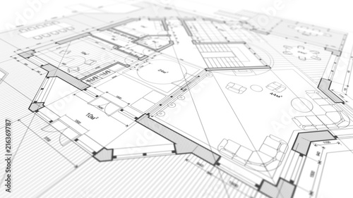 Architecture design: blueprint plan - illustration of a plan modern residential building / technology, industry, business concept illustration: real estate, building, construction, architecture