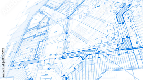 Architecture design: blueprint plan - illustration of a plan modern residential building / technology, industry, business concept illustration: real estate, building, construction, architecture