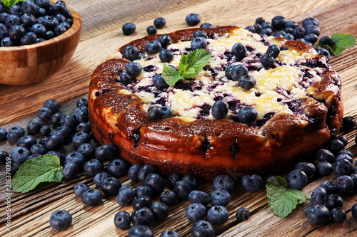 Blueberry pie or homemade lemon cupcake with blueberries. Delicous dessert blueberry tart