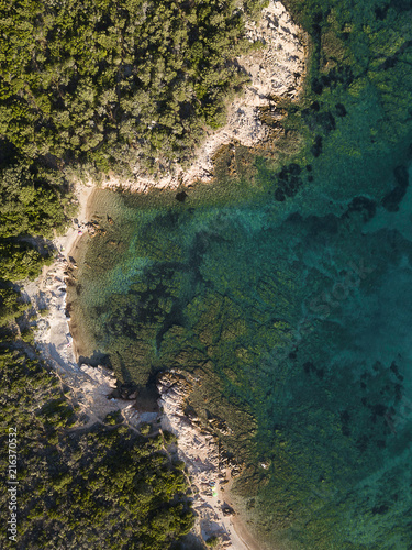 View from above  aerial view of a rocky coast bathed by an emerald and transparent Mediterranean sea  Costa Smeralda  Sardinia  Italy