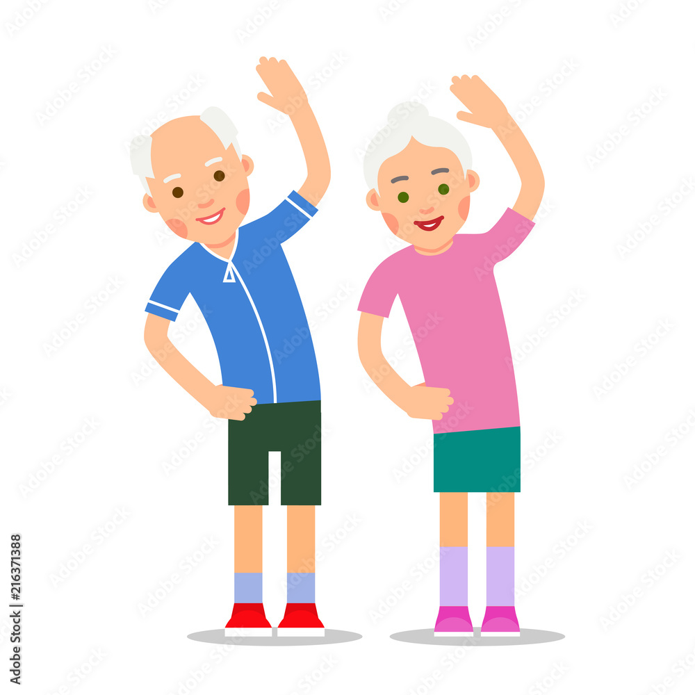 Elderly people exercising. Old couple and gymnastics and sport. Active healthy workout aged people. Grandparents making morning exercises. Cartoon illustration isolated on white background in flat