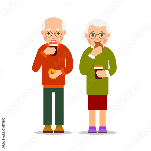 Old people drinking coffee and eat cookies. Aged man and woman standing and holding coffee cups and pastry. Old couple having breakfast. Cartoon illustration isolated on white background in flat style