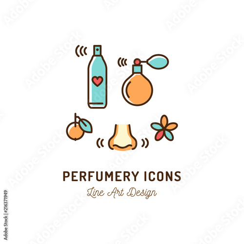 Perfumery Icons. Perfume, deodorant, smelling and smell, nose. Thin line art colorful design, Vector flat illustration